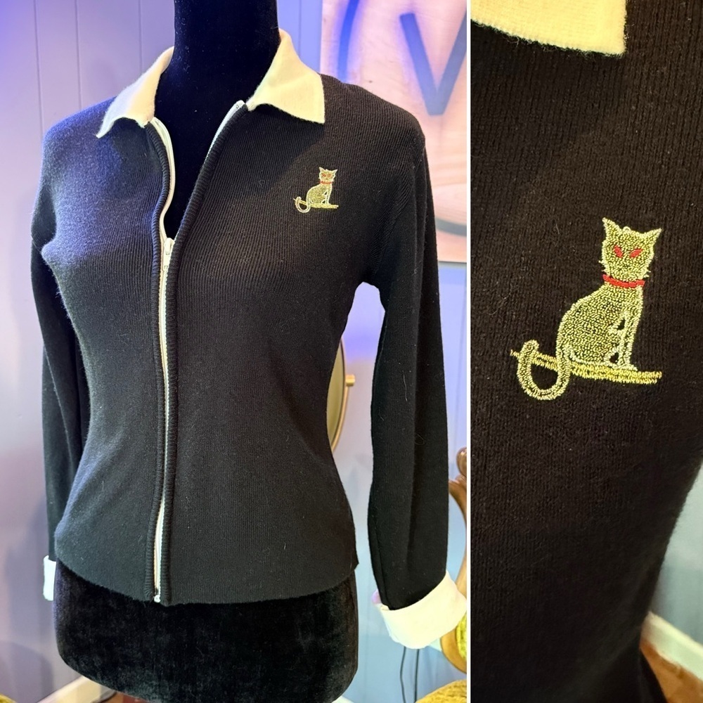 Vintage Moon Star Cat Lovers Embroidered Cat Zip-Up Cardigan Sweater